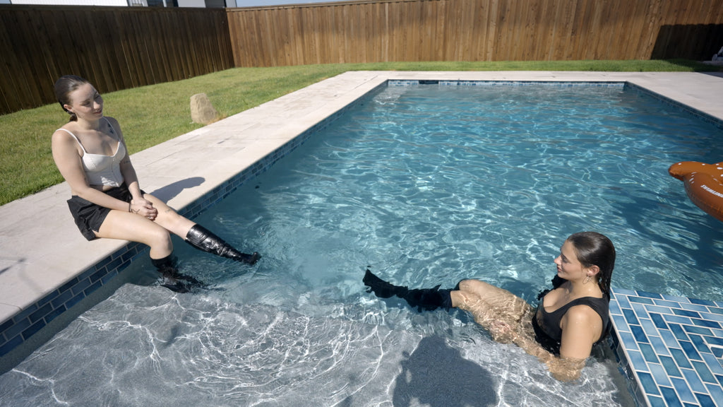 Taylor and Ella Having Fun in the Pool all Dressed Up