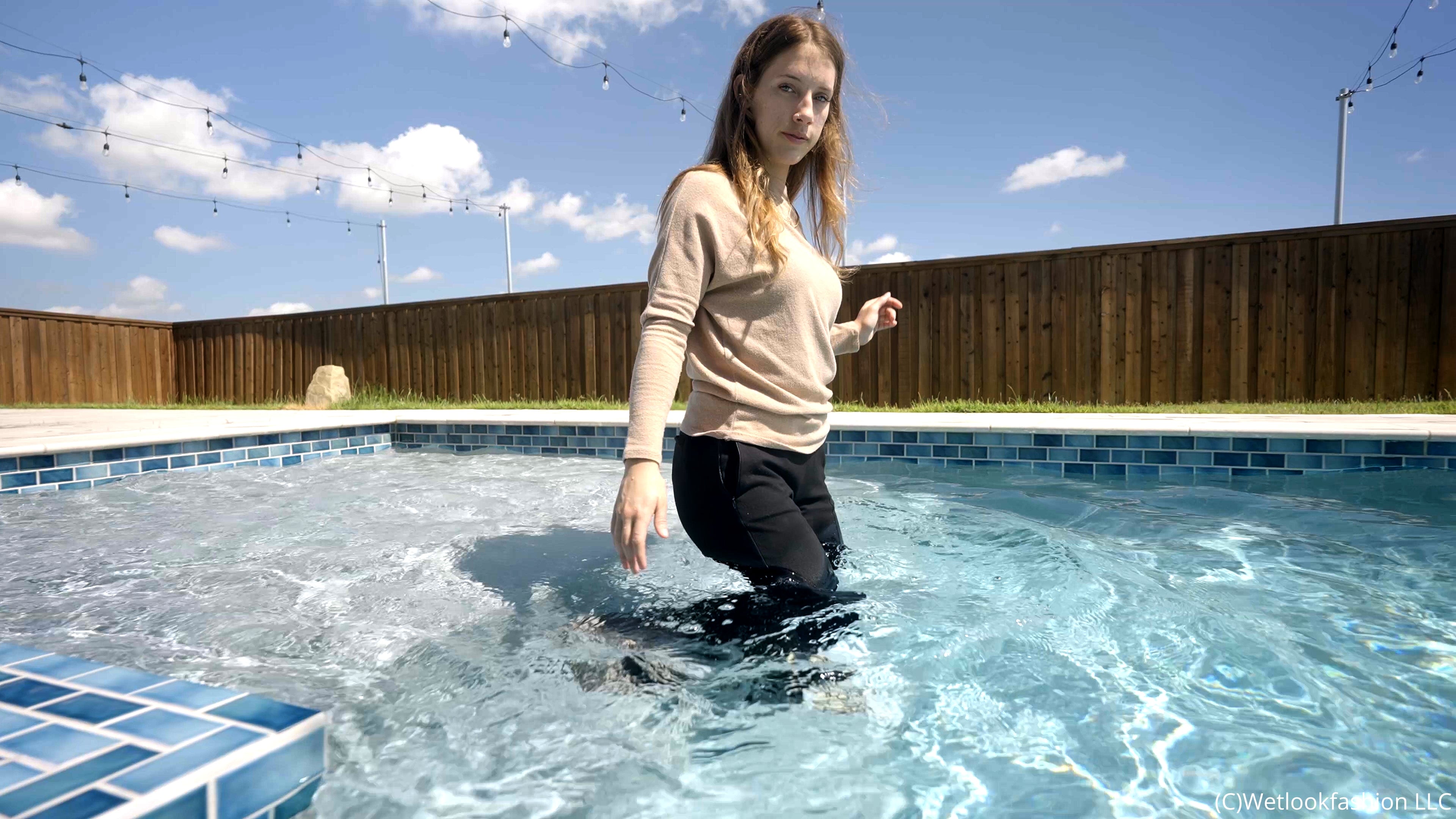 Jade takes a Pool Dip in a Business Outfit