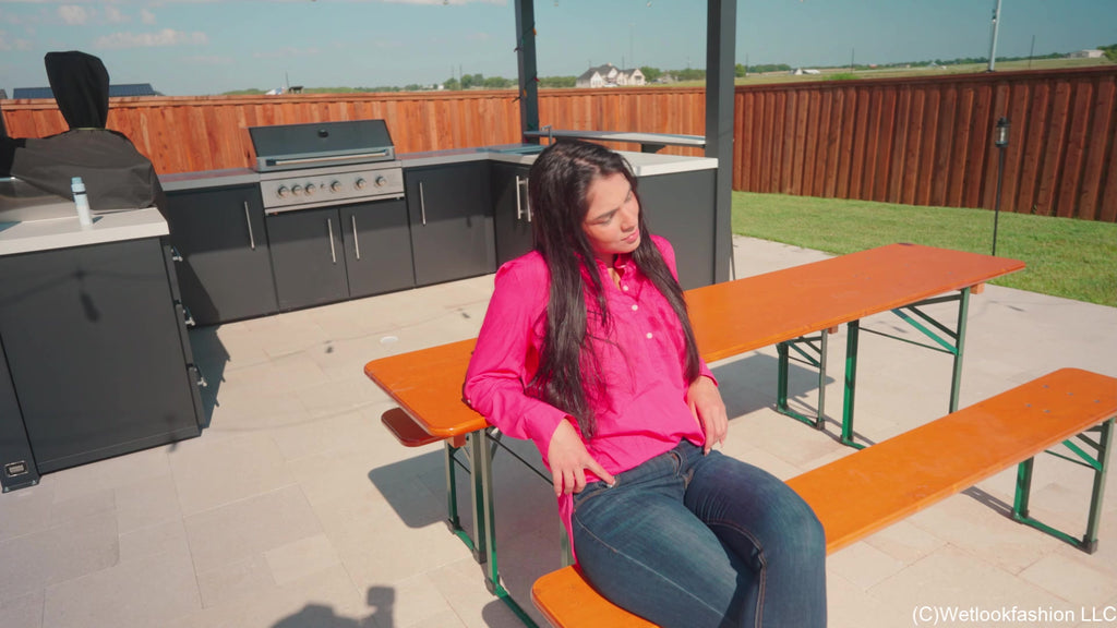 Alexandra Swims in Jeans, Sneakers, and a Button Up Shirt