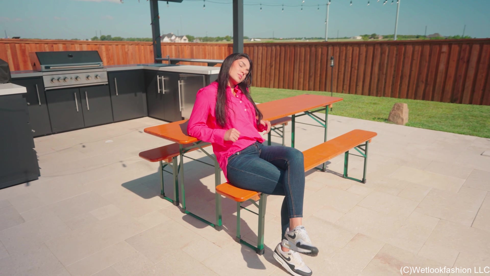 Alexandra Swims in Jeans, Sneakers, and a Button Up Shirt