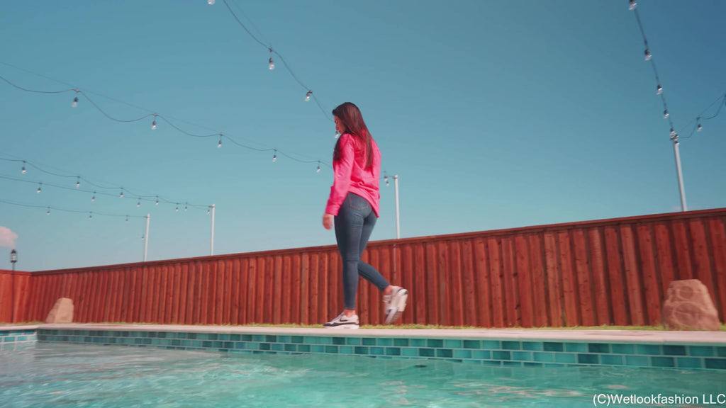 Alexandra Swims in Jeans, Sneakers, and a Button Up Shirt