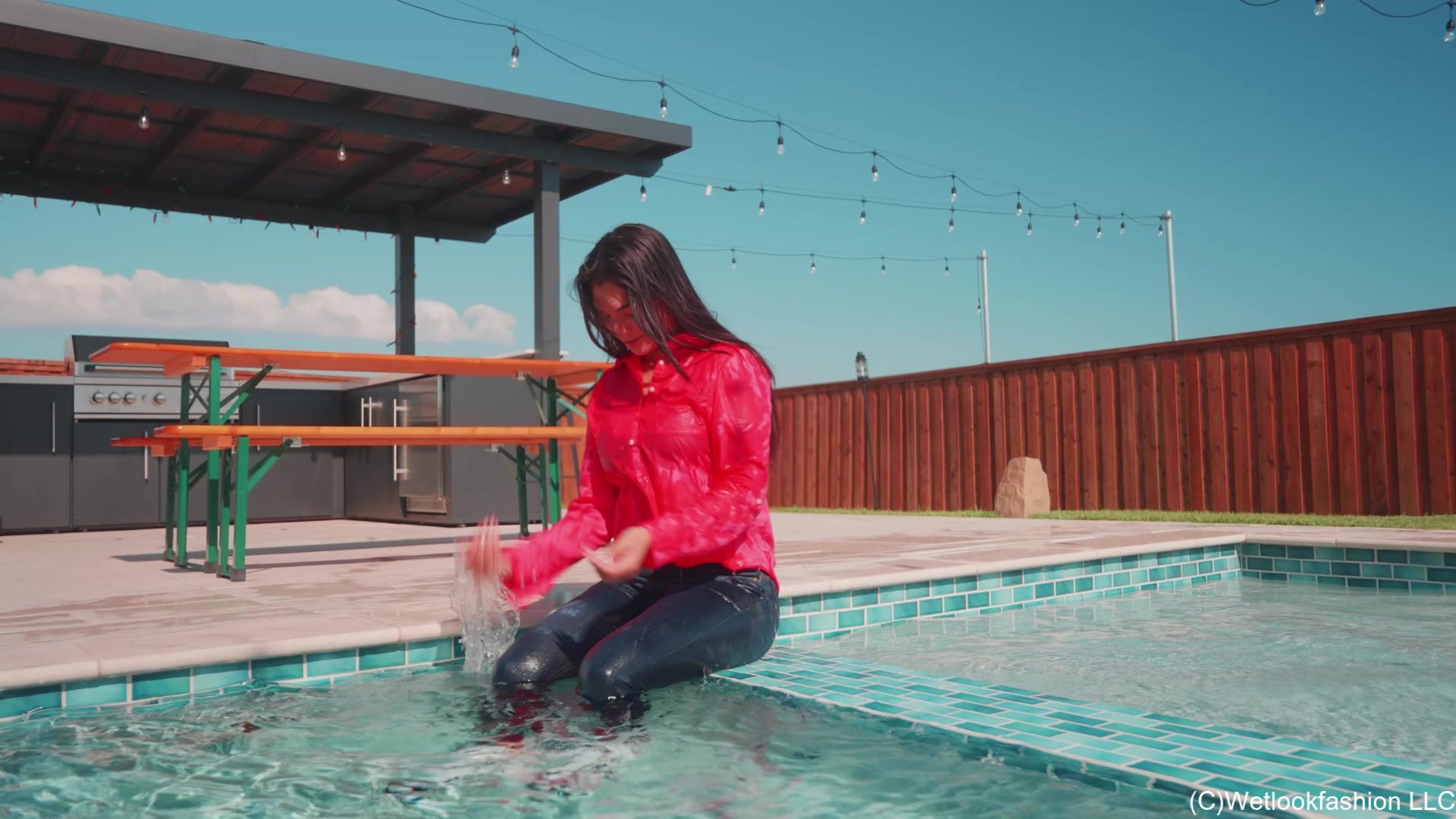 Alexandra Swims in Jeans, Sneakers, and a Button Up Shirt