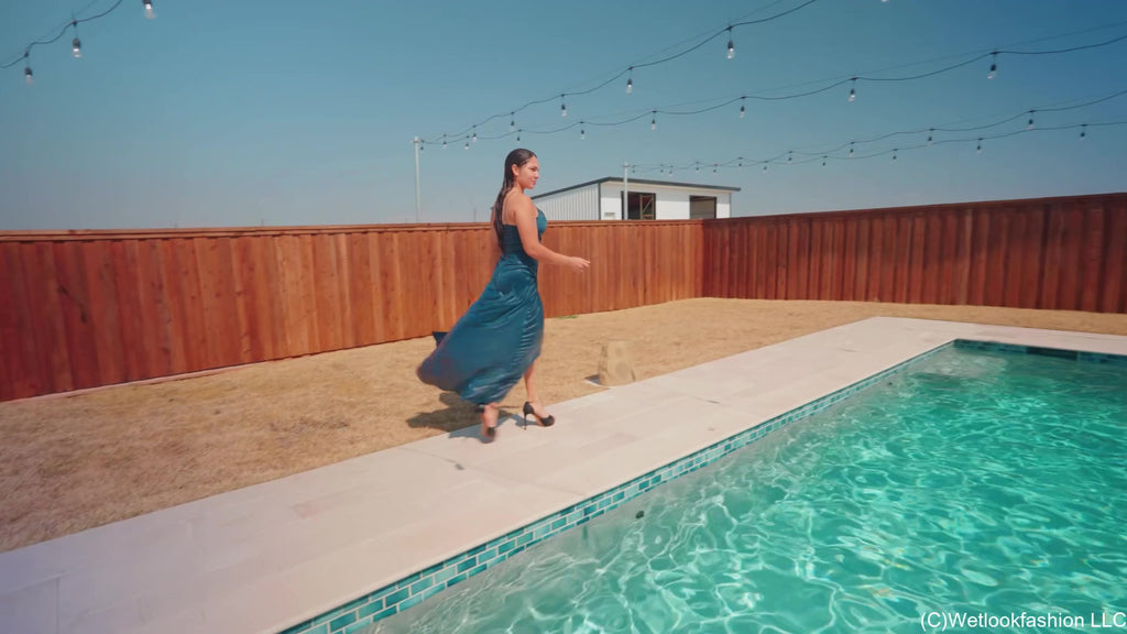 Alexandra Swims in Her Blue Bridesmaid Dress