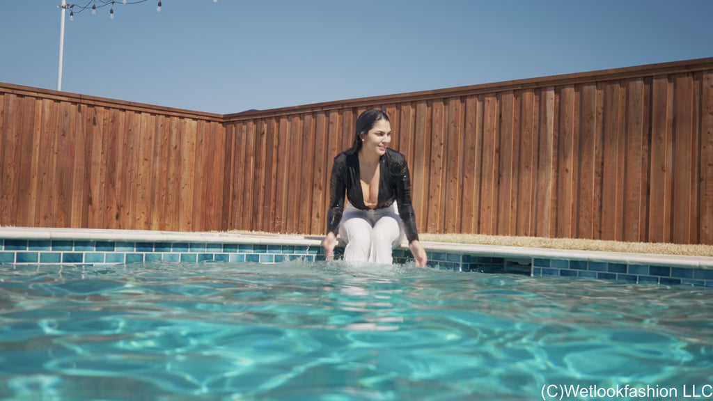 Alexandra goes for a Swim in White Pants & a Shiny Top