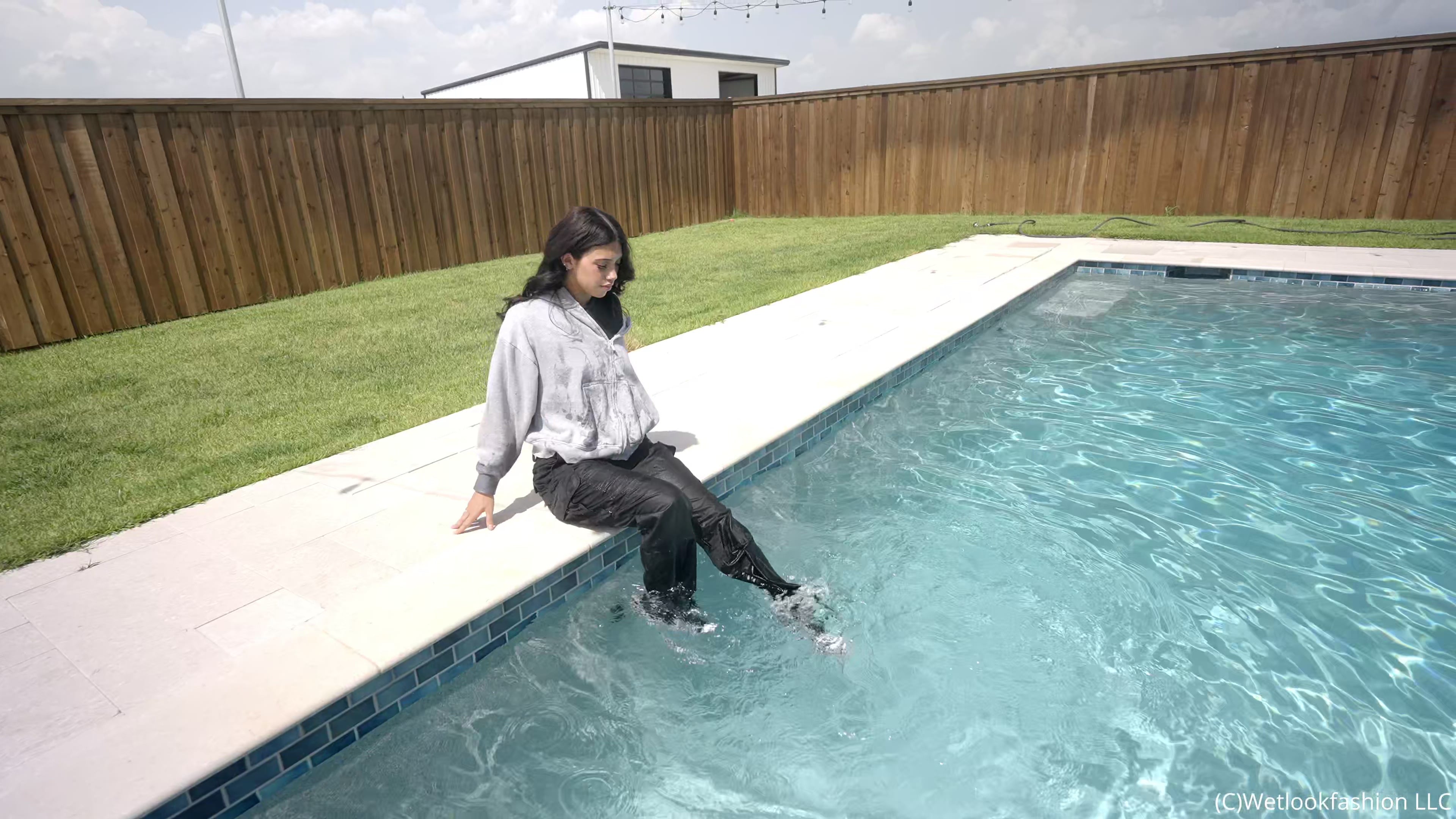 Alexis takes her First Fully Clothed Swim in Cargo's and a Hoodie