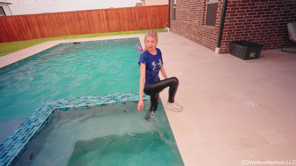 Amber Goes for a Swim in Leggings, T-Shirt and Sneakers