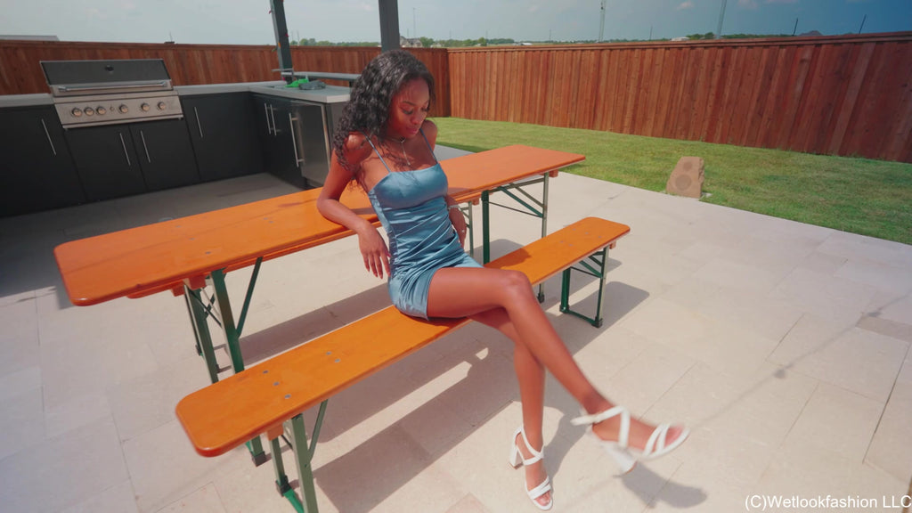 Amy Enjoys a Pool Dip in a Shiny Satin Dress