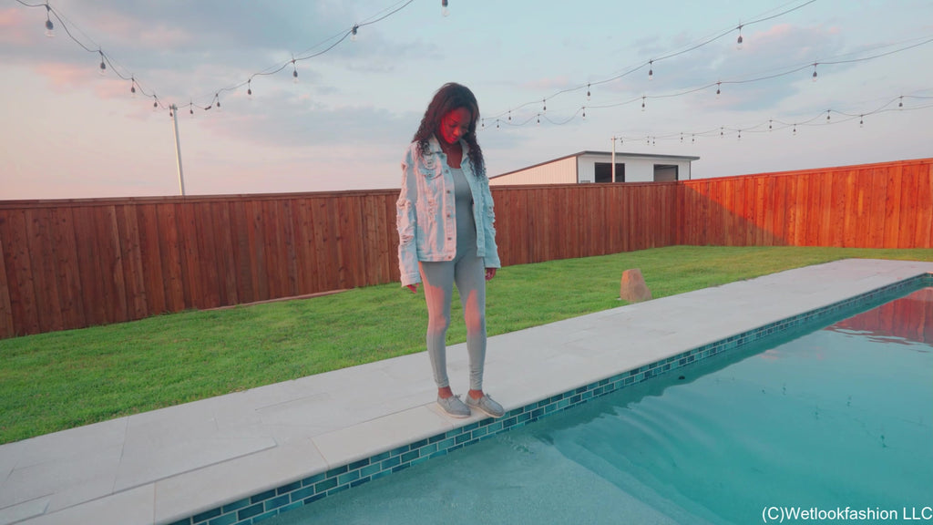Amy Enjoys the Pool Wearing a Jumpsuit and a Jeans Jacket