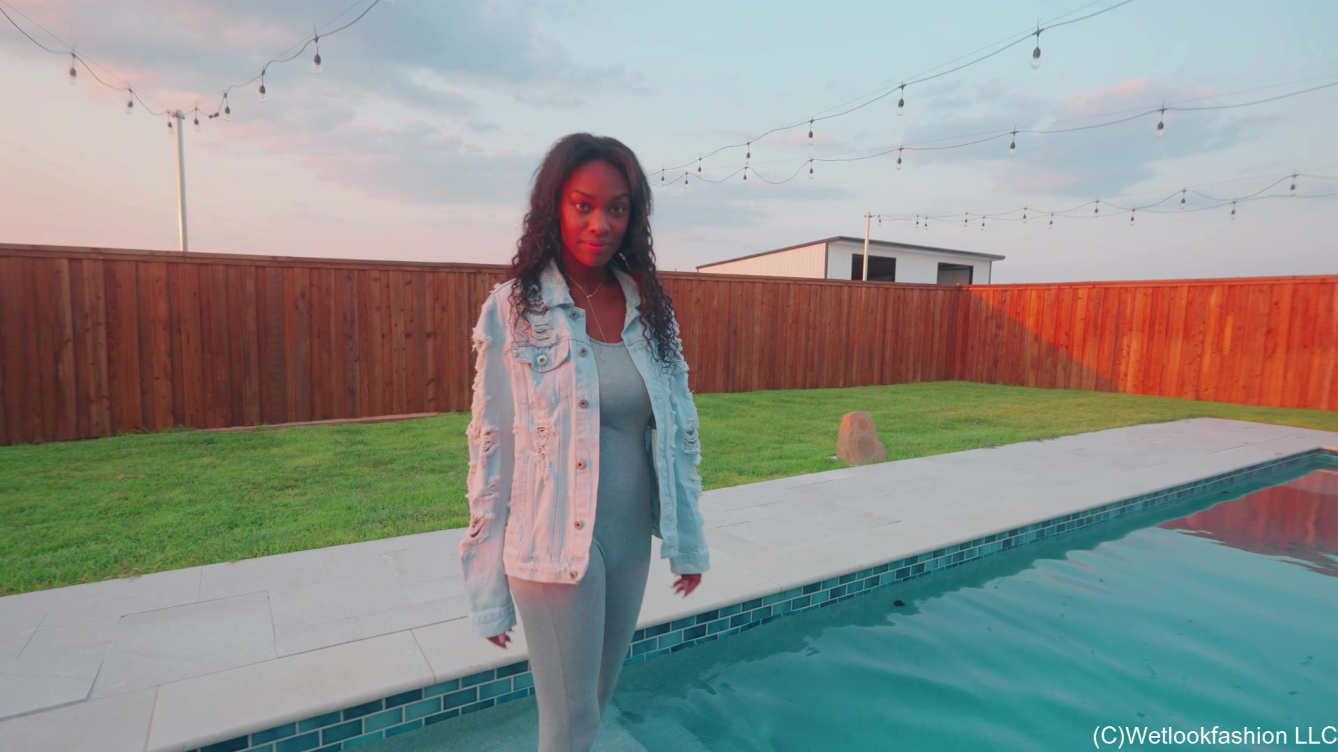 Amy Enjoys the Pool Wearing a Jumpsuit and a Jeans Jacket