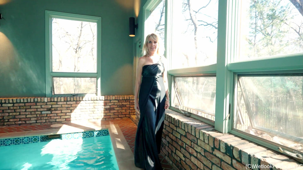 Angel Swimming in a Shiny Black Evening Gown