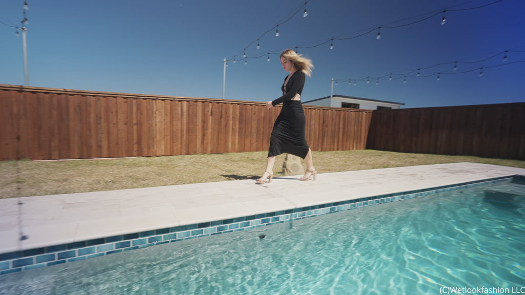 Bella Rose Gets Wet and Shiny in a Black Maxi Dress