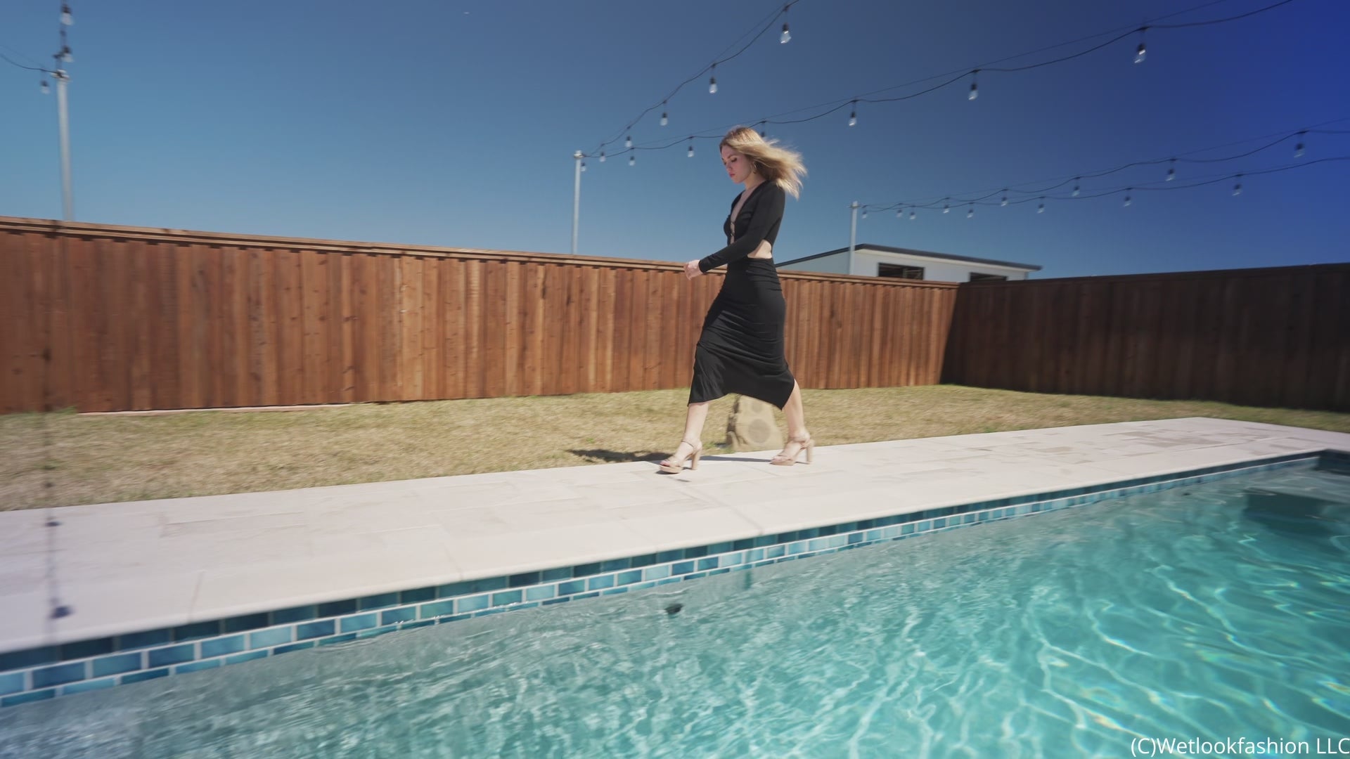 Bella Rose Gets Wet and Shiny in a Black Maxi Dress