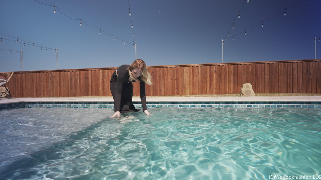 Bella Rose Gets Wet and Shiny in a Black Maxi Dress