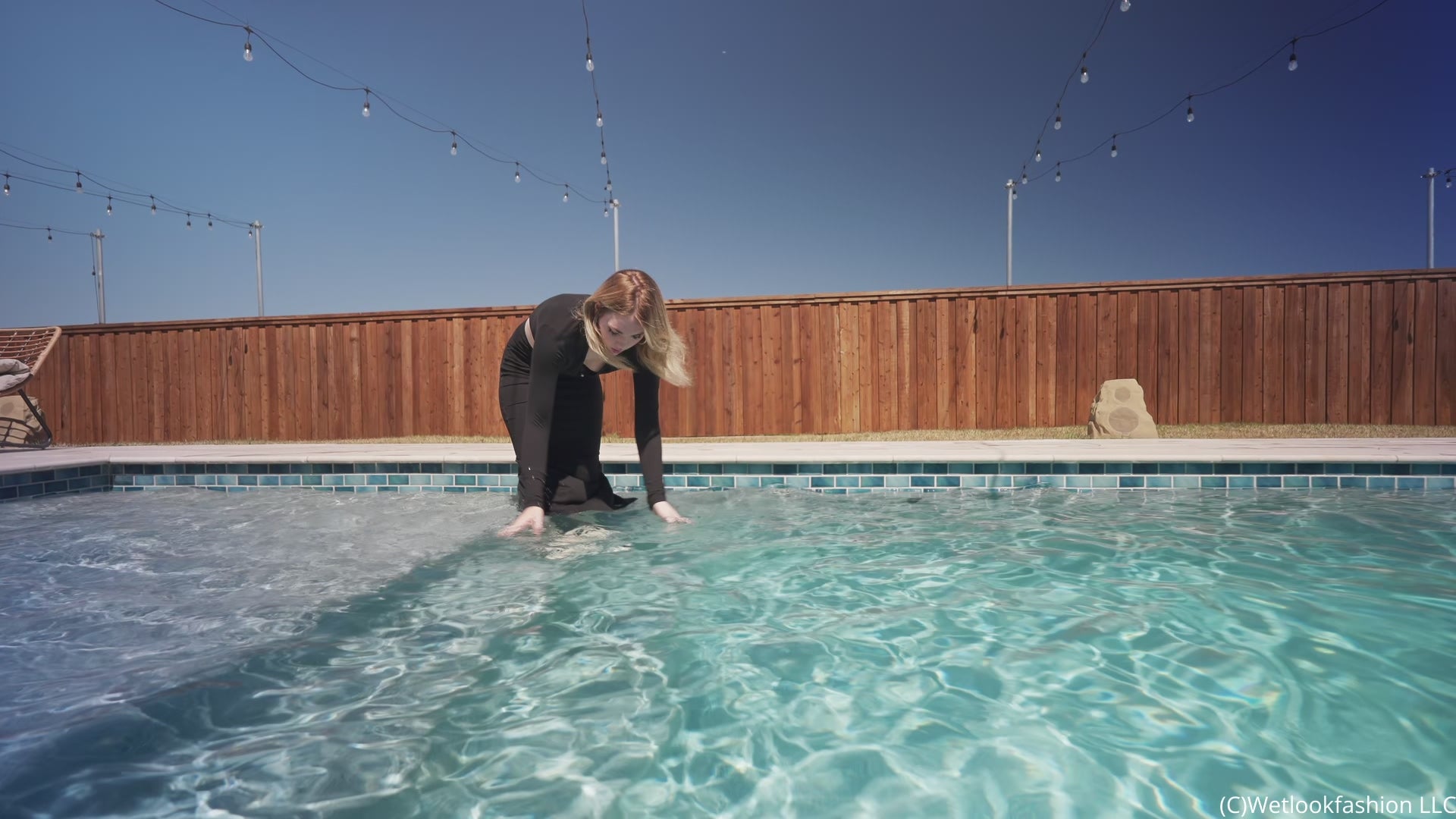 Bella Rose Gets Wet and Shiny in a Black Maxi Dress
