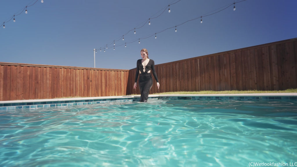 Bella Rose Gets Wet and Shiny in a Black Maxi Dress