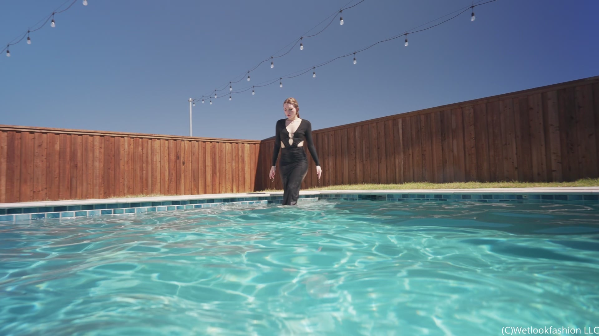 Bella Rose Gets Wet and Shiny in a Black Maxi Dress