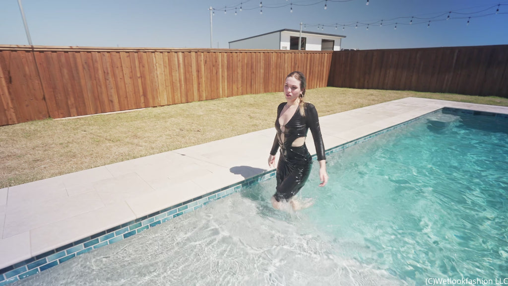 Bella Rose Gets Wet and Shiny in a Black Maxi Dress