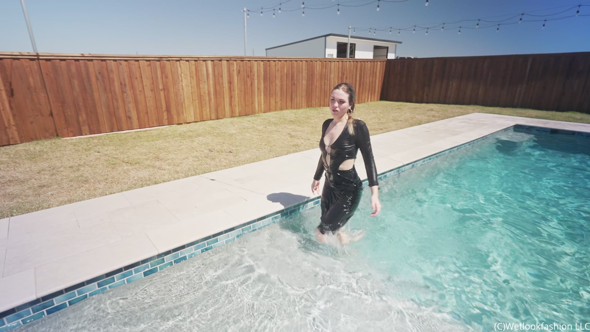 Bella Rose Gets Wet and Shiny in a Black Maxi Dress