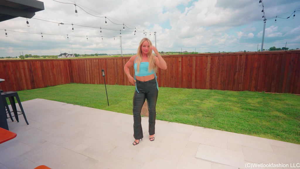 Brinley Goes for a Swim in Leather Pants, Heels and Top
