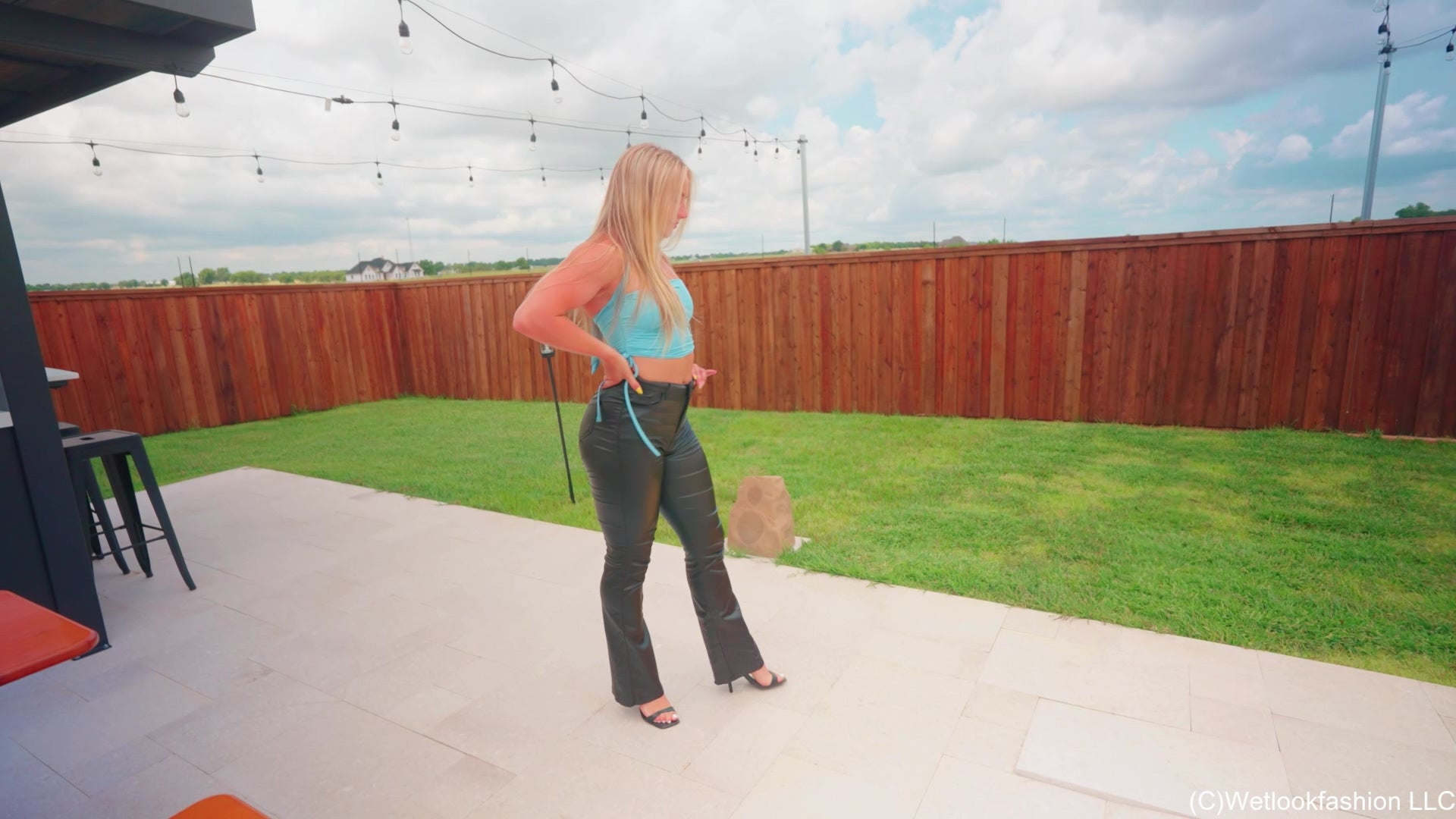 Brinley Goes for a Swim in Leather Pants, Heels and Top