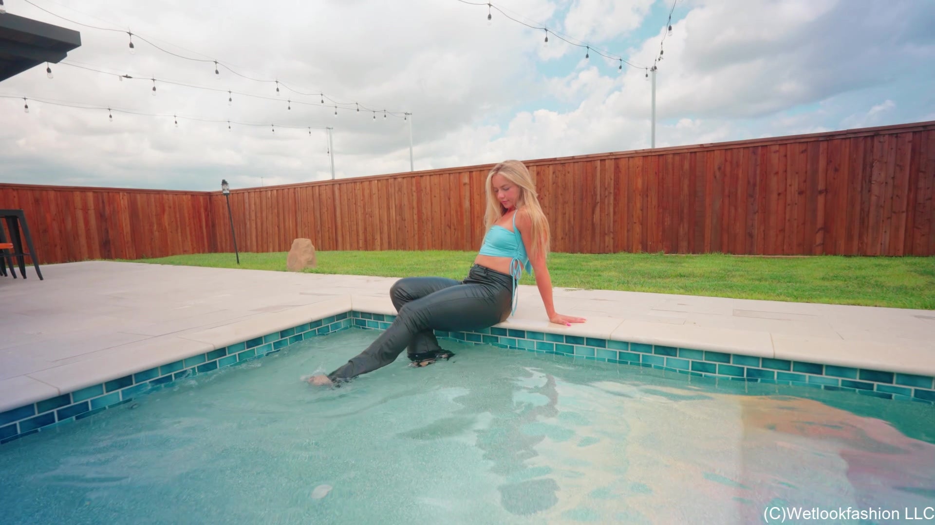 Brinley Goes for a Swim in Leather Pants, Heels and Top