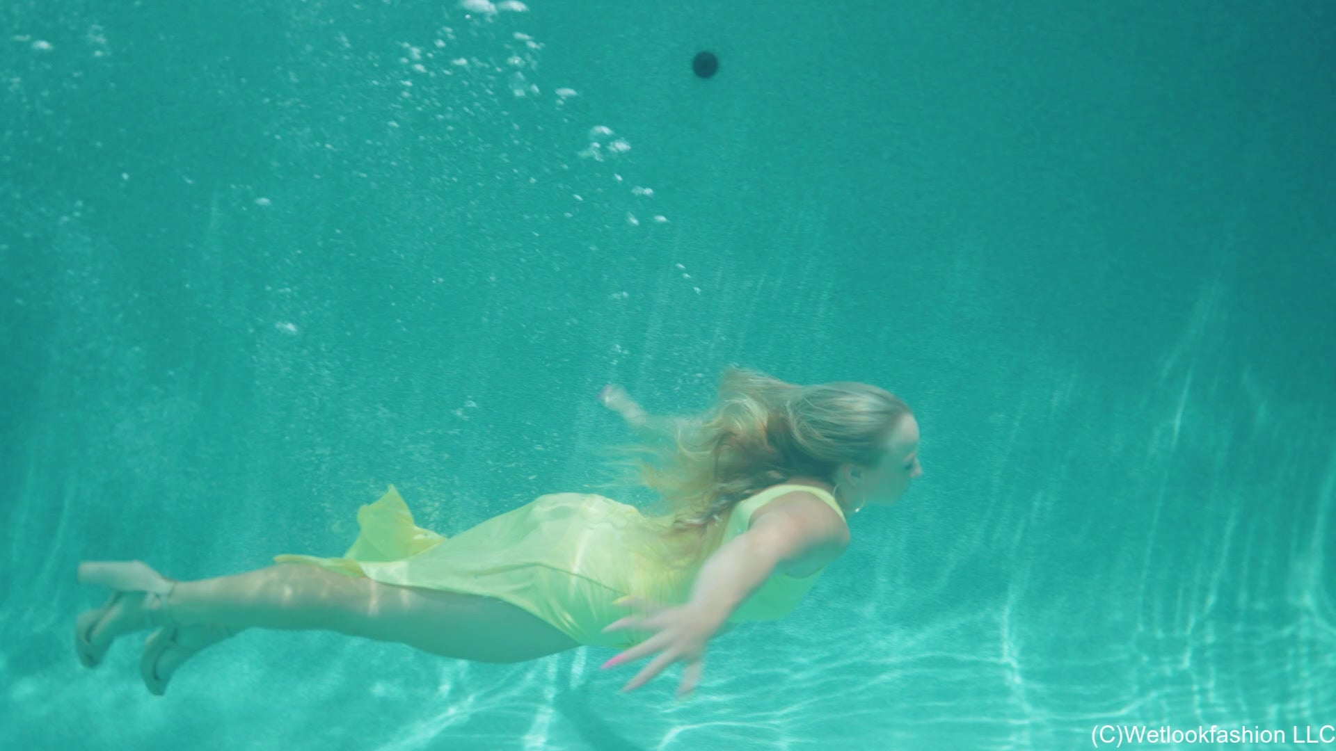 Brinley Soaks Her Yellow Satin Dress in the Pool