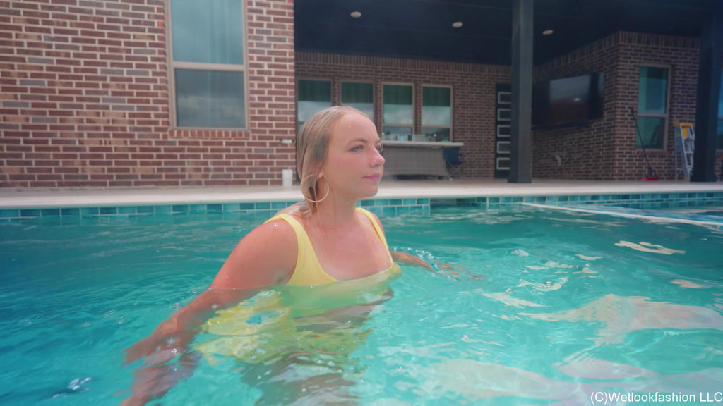 Brinley Soaks Her Yellow Satin Dress in the Pool