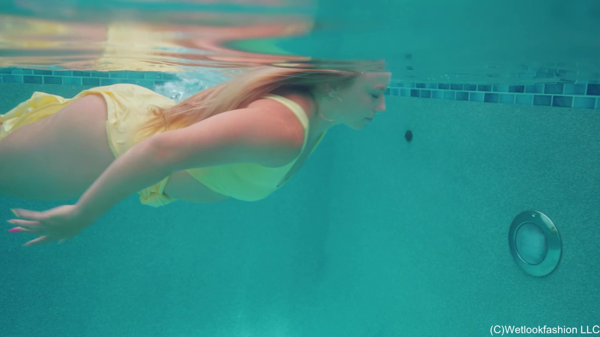 Brinley Soaks Her Yellow Satin Dress in the Pool