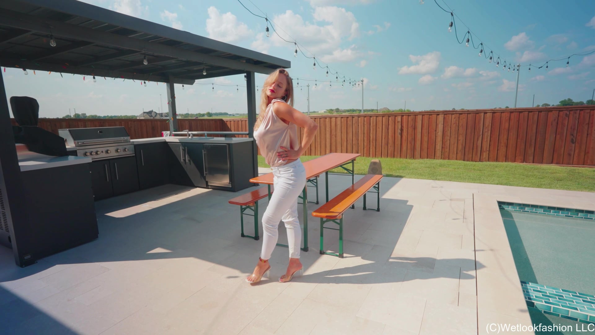 Camille Goes for a Swim in White Jeans and a Satin Top