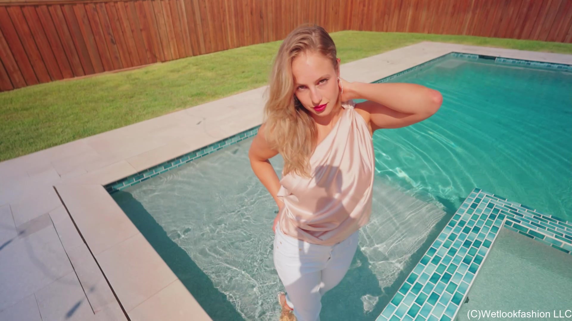 Camille Goes for a Swim in White Jeans and a Satin Top