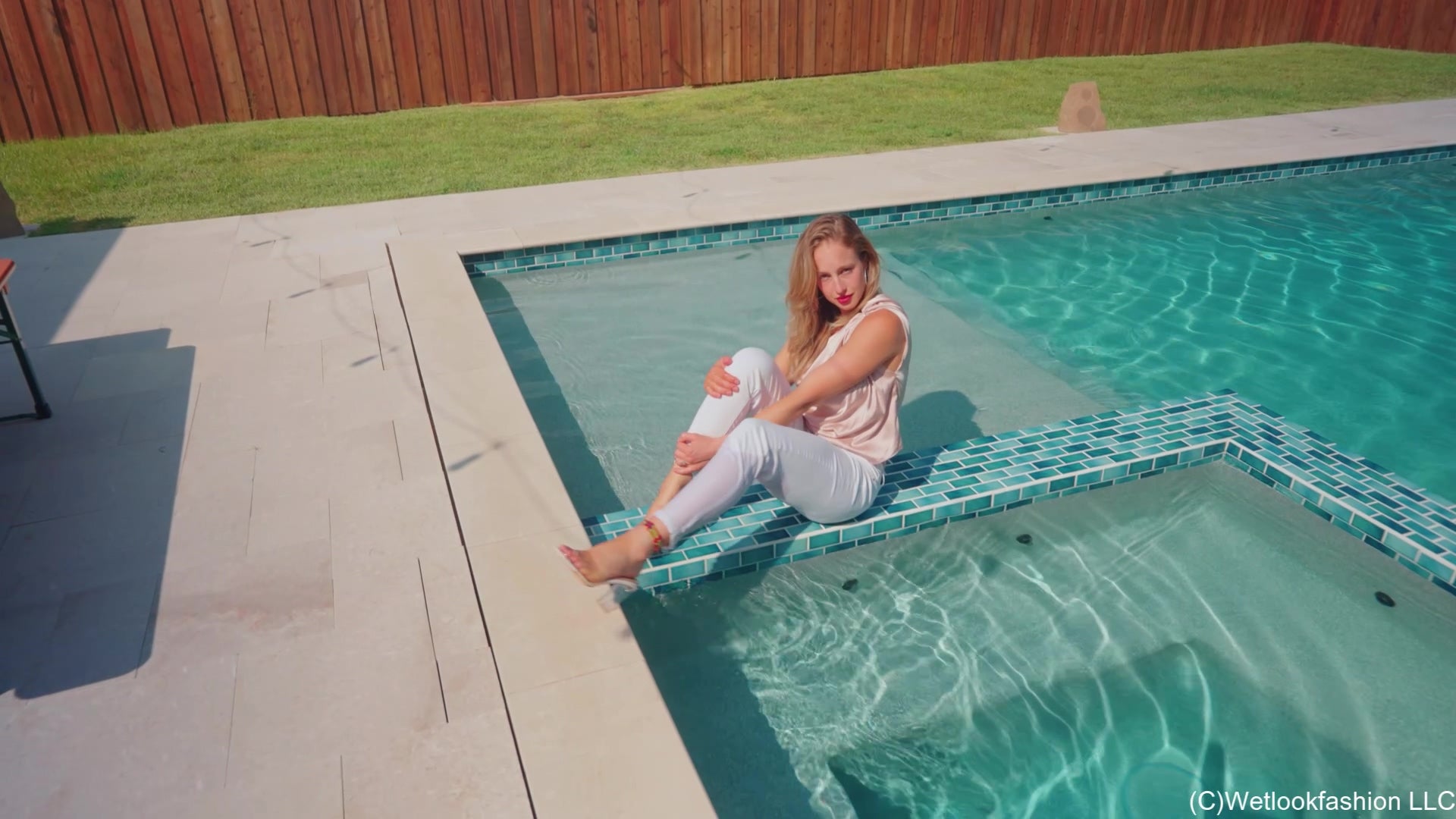 Camille Goes for a Swim in White Jeans and a Satin Top