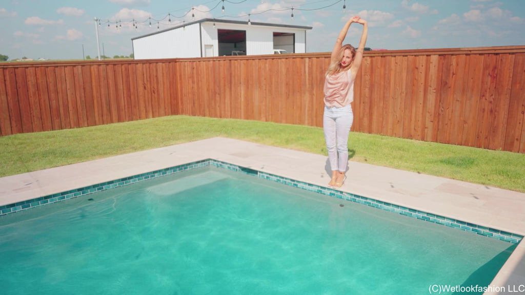 Camille Goes for a Swim in White Jeans and a Satin Top