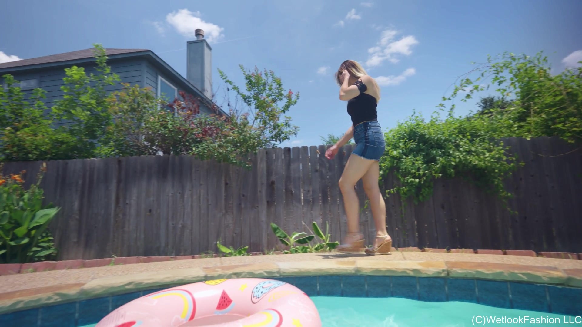 Camille Splashes in Denim Skirt and Top