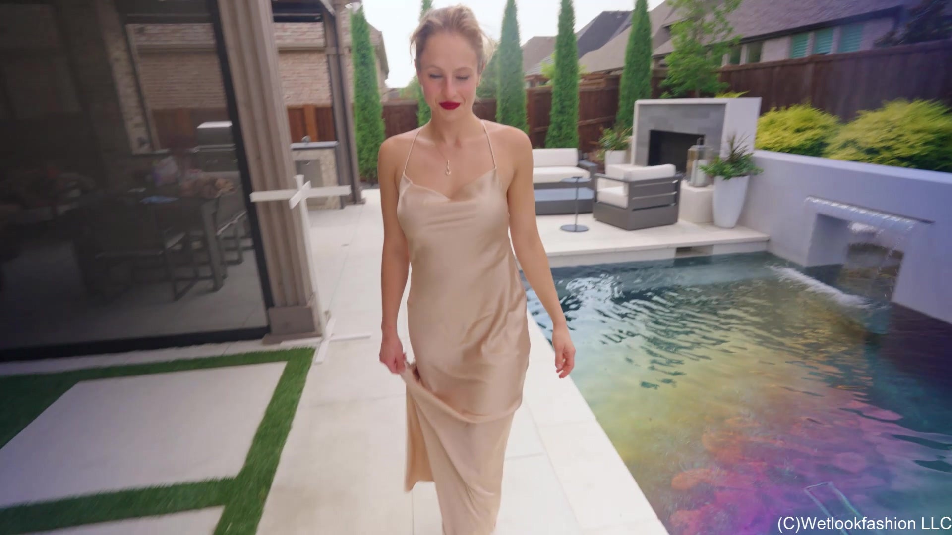 Camille Swims in a Satin Evening Gown