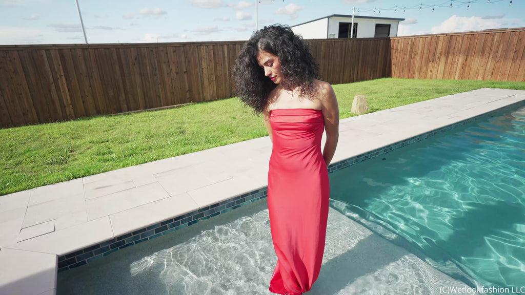 Carla Gets Her Red Satin Dress Shiny and Clingy