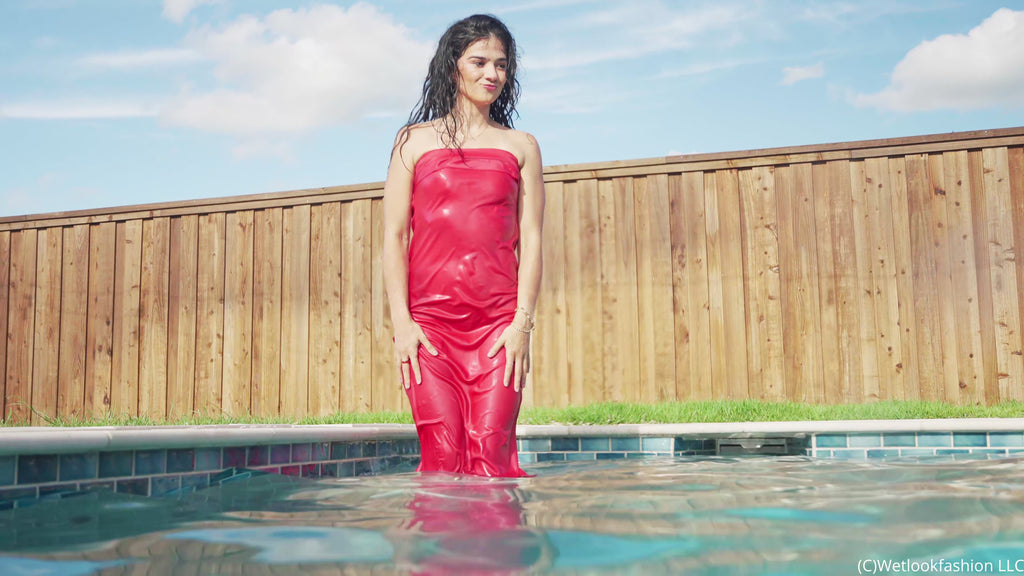 Carla Gets Her Red Satin Dress Shiny and Clingy