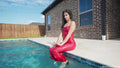 Carla Gets Her Red Satin Dress Shiny and Clingy