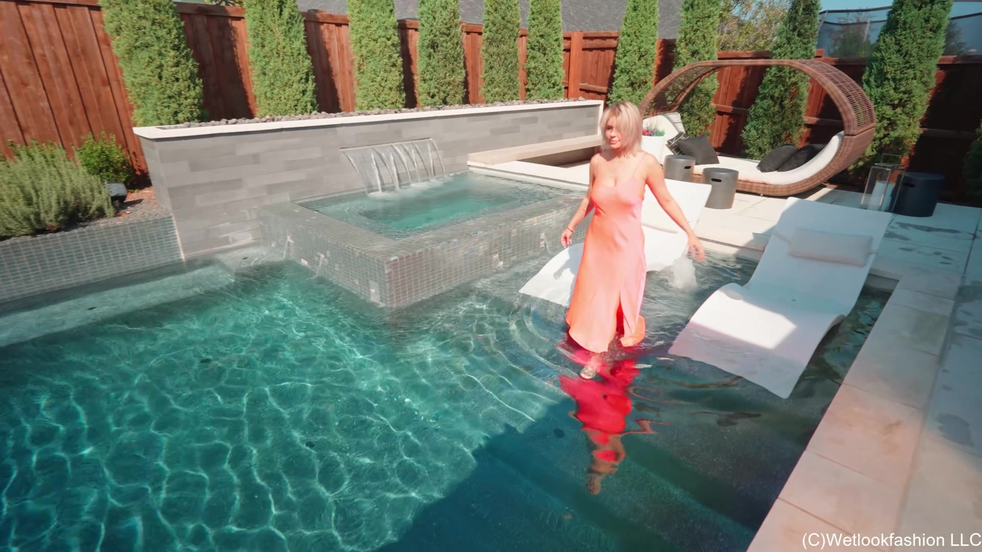 Casey Gets Wet in A Bright Silk Dress