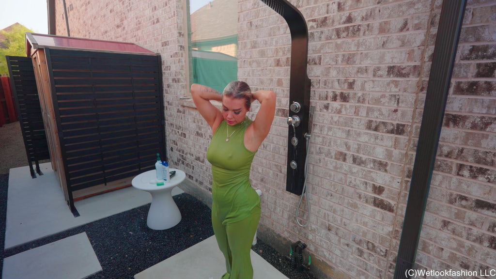 Casey Jumps in the Pool in a Green Pant Outfit