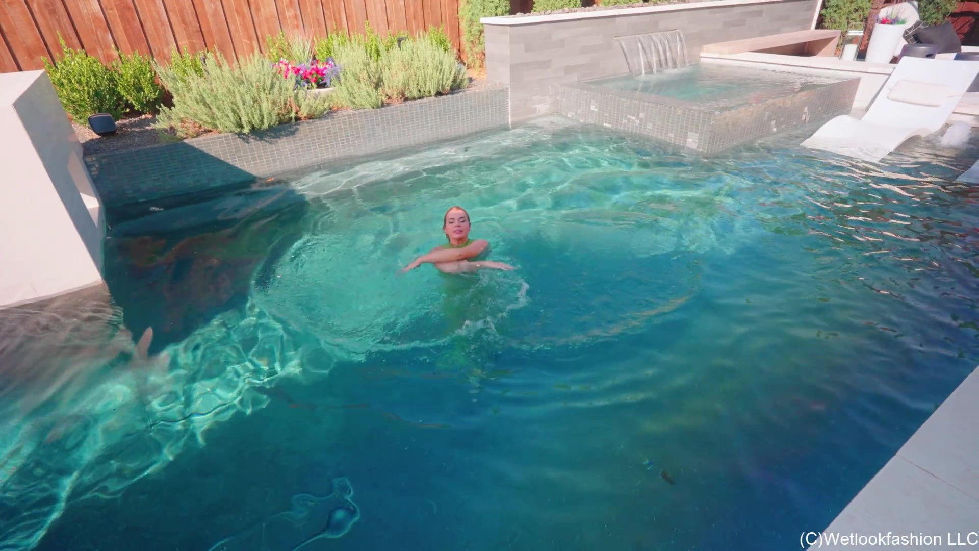 Casey Jumps in the Pool in a Green Pant Outfit