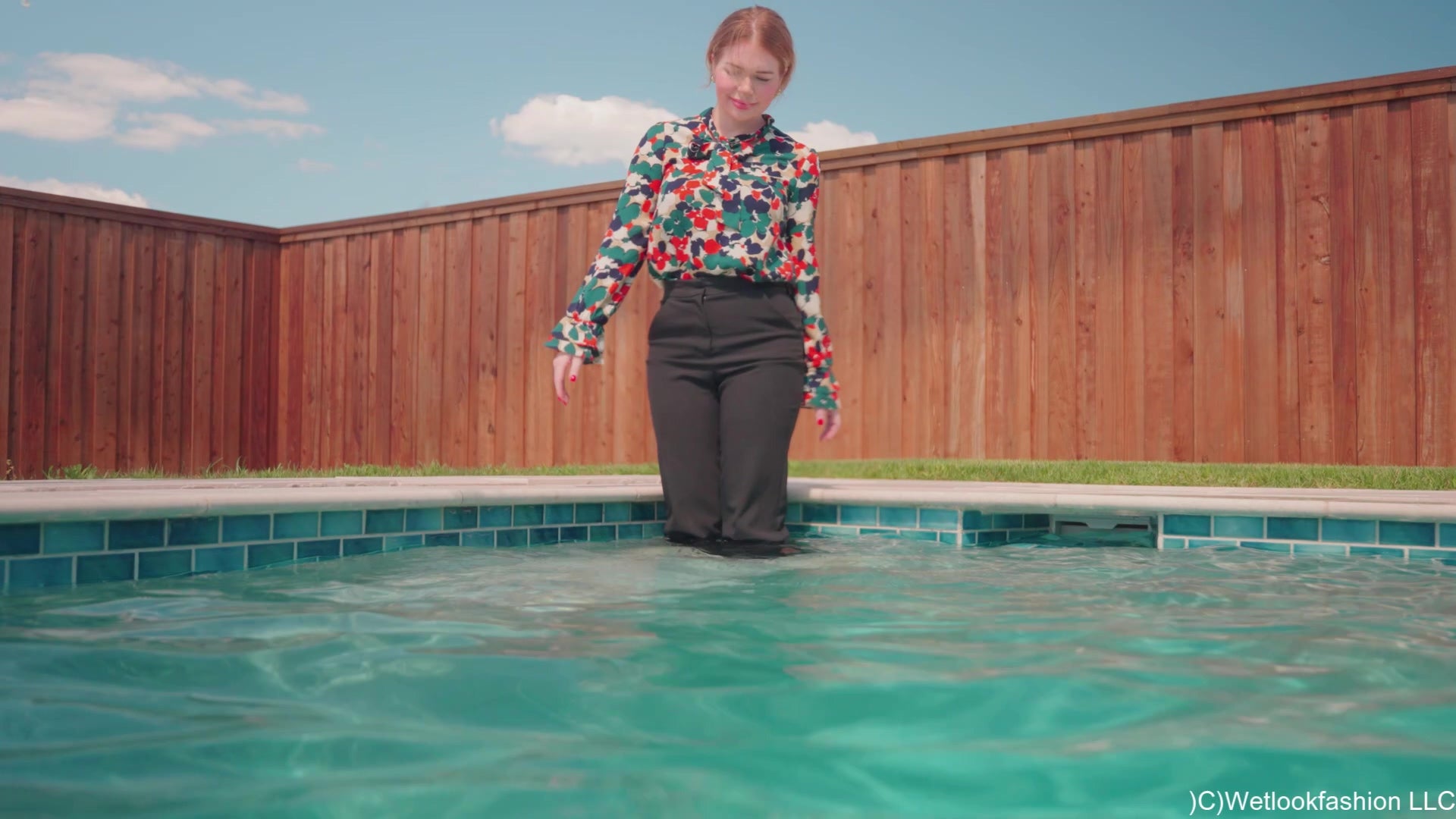 Casey Takes a Pool Dip in a Business Outfit
