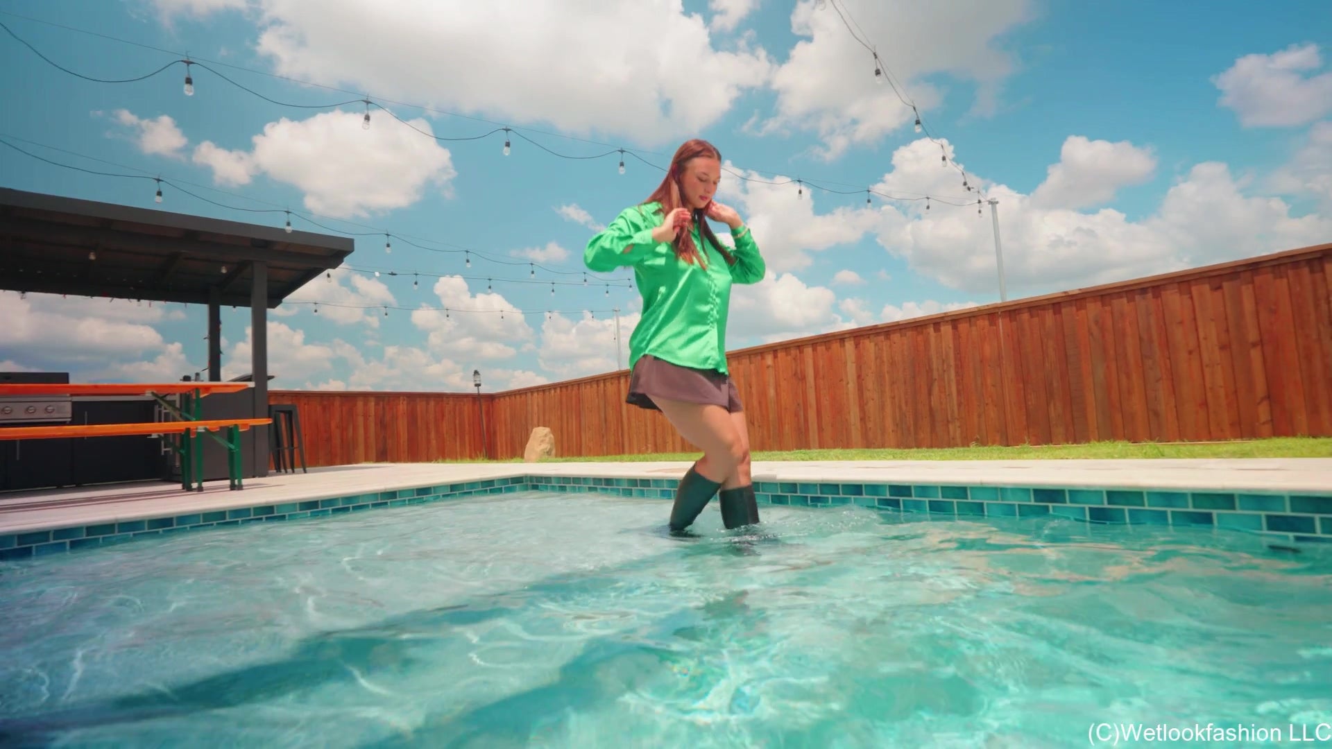 Danielle Gets Swims in a Clingy Satin Outfit with Boots