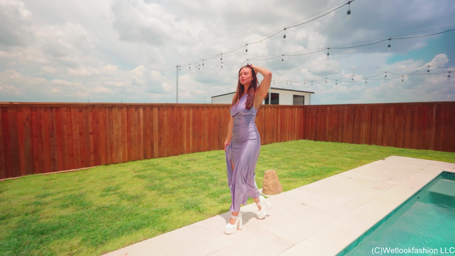 Danielle's Pool Dip in a  Satin Dress