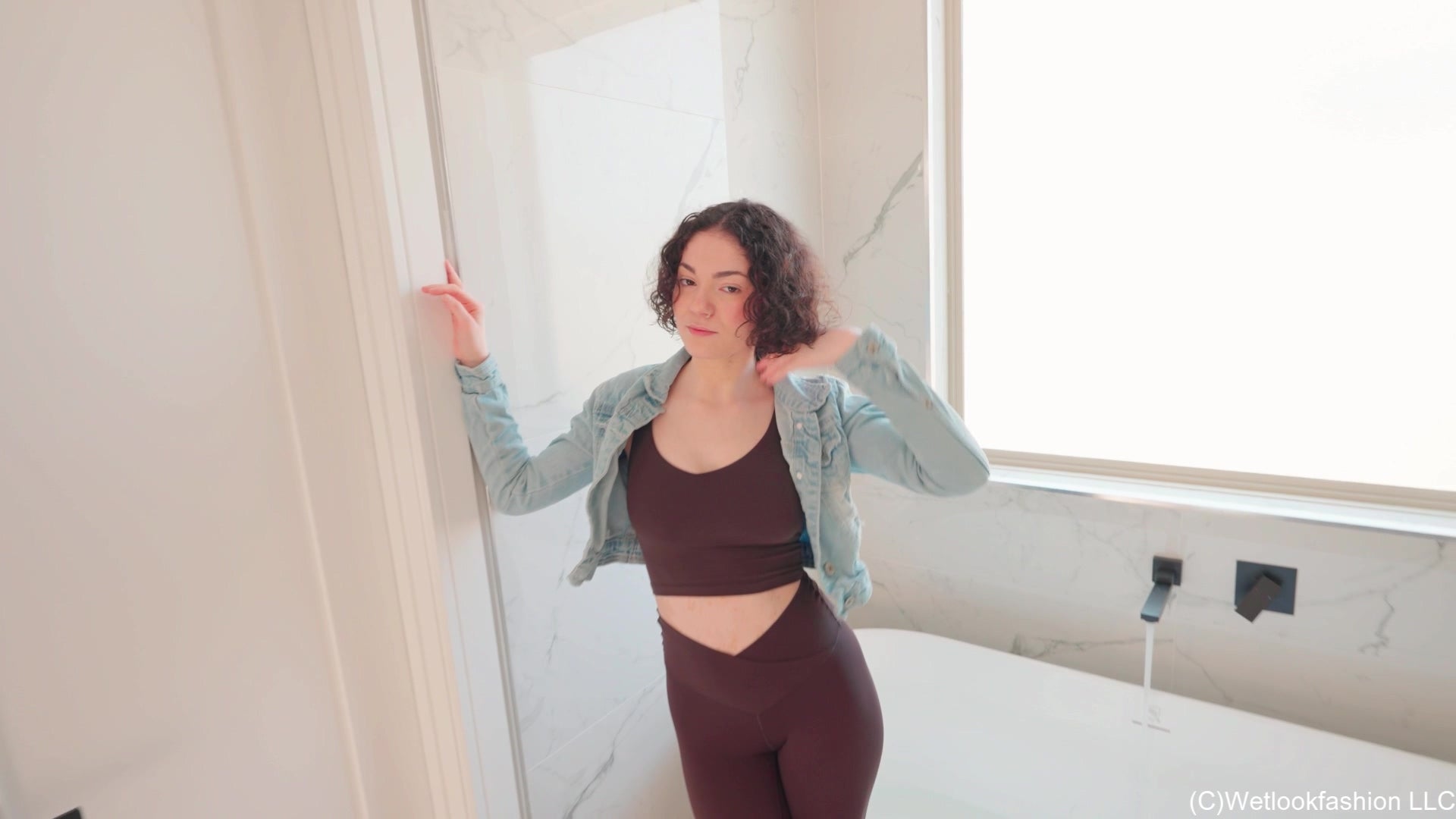 Elena Gets Wet in a Yoga and Denim Outfit
