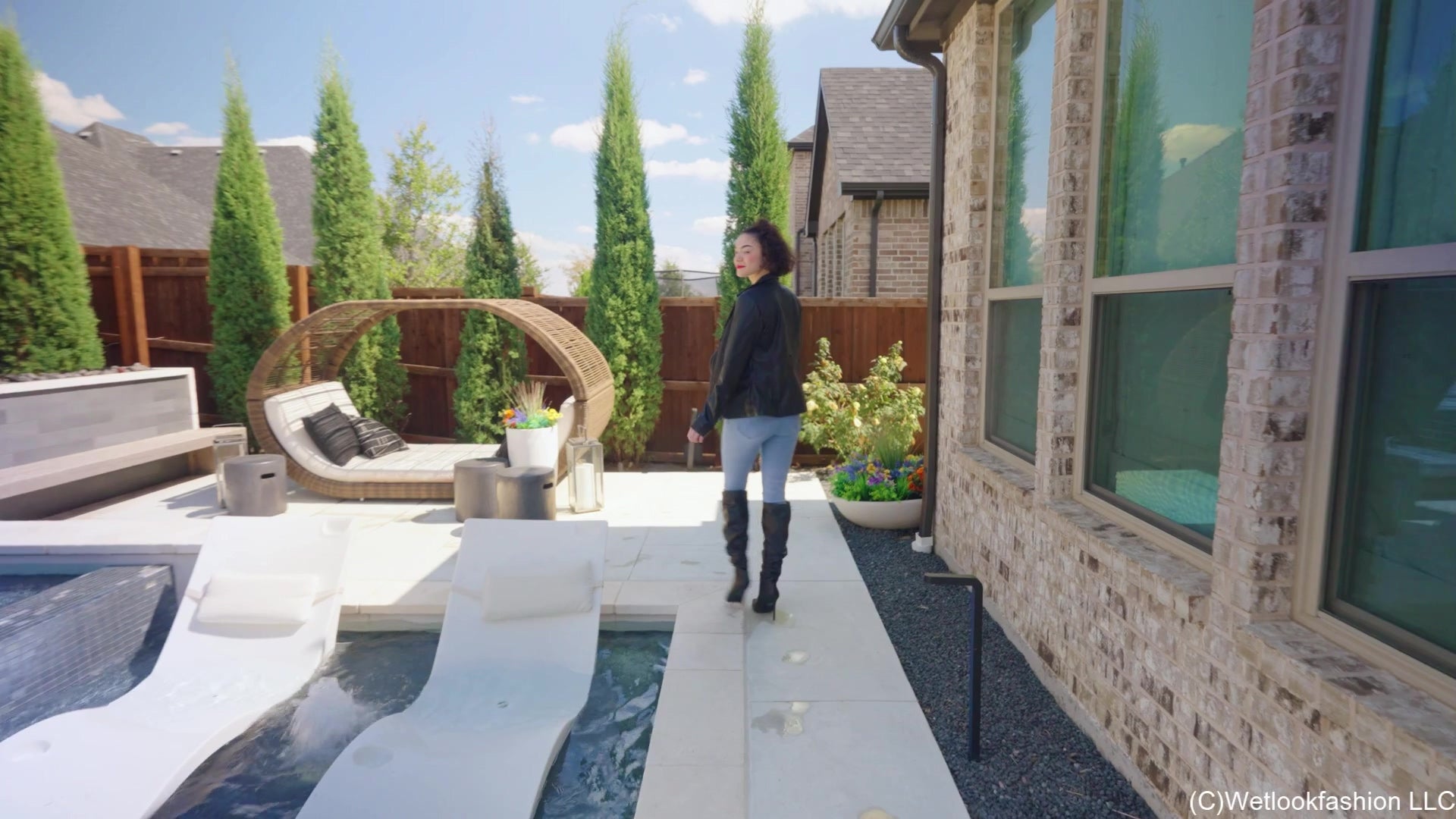 Elena Swims in Jeans and Leather