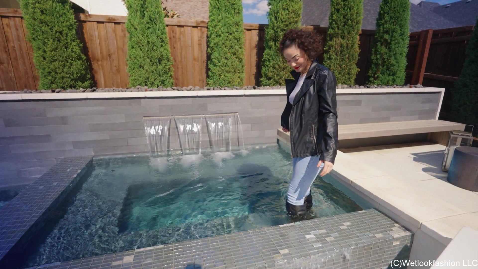 Elena Swims in Jeans and Leather