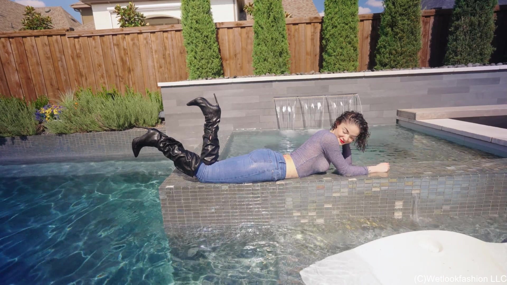 Elena Swims in Jeans and Leather
