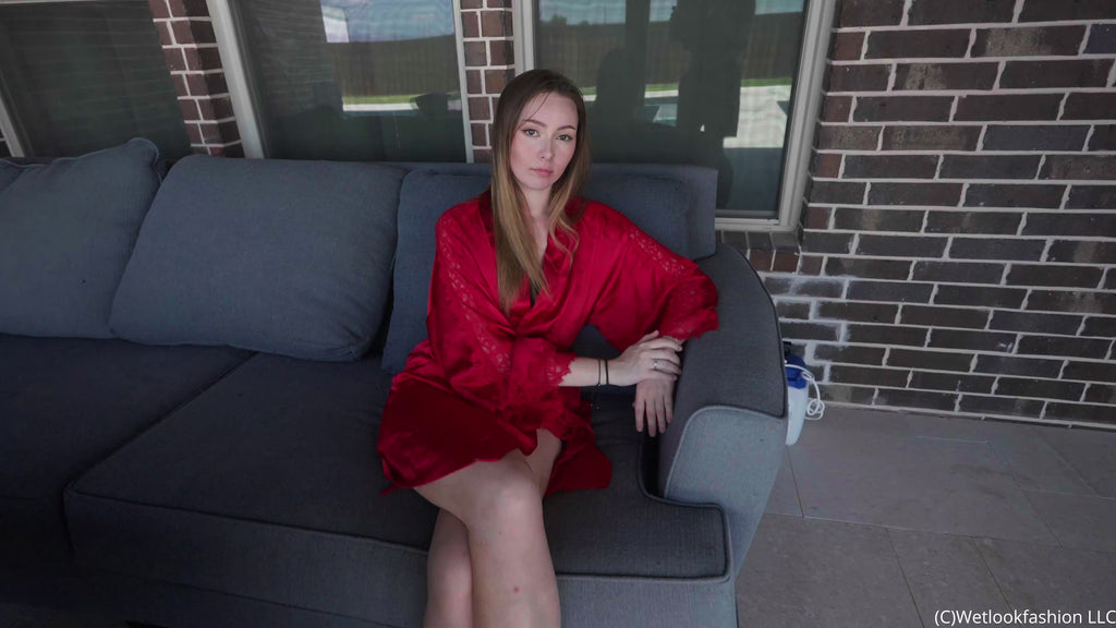 Ella's First Wetlook Experience in a Red Satin Robe
