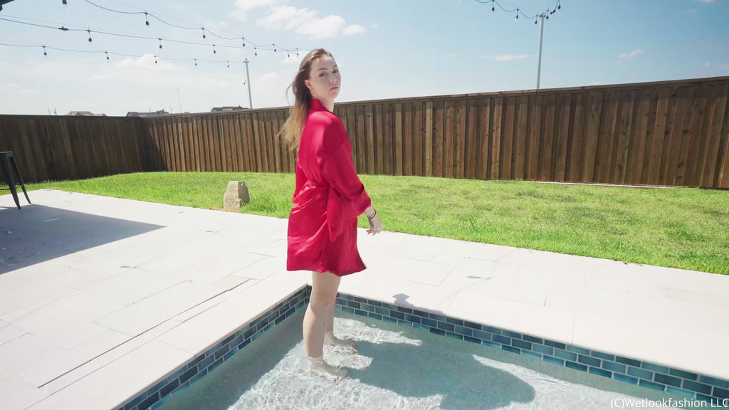 Ella's First Wetlook Experience in a Red Satin Robe