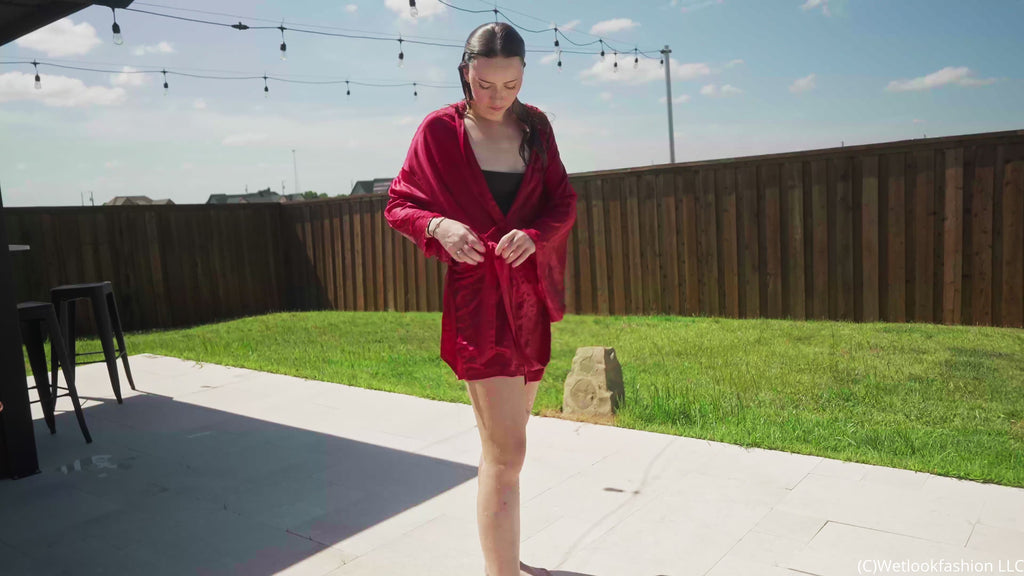 Ella's First Wetlook Experience in a Red Satin Robe